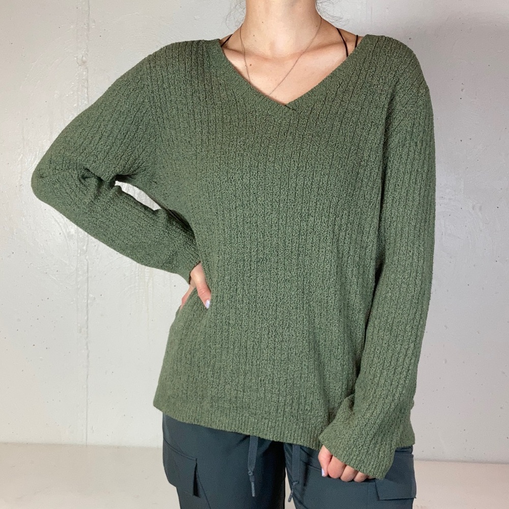Moss Green V Neck Knit Casual Sweater
